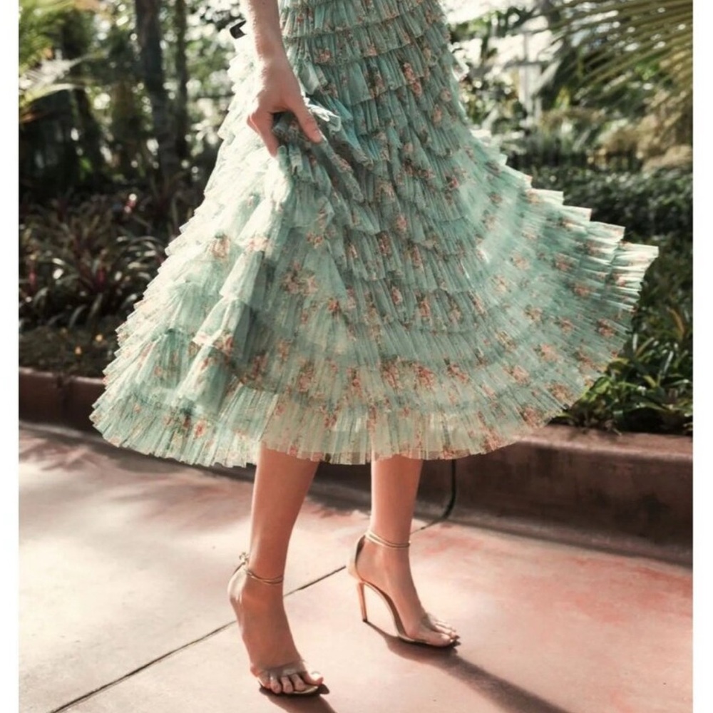 New Mac Duggal Size 16 Green Floral Ruffle Tiered Short Sleeve A Line Midi Dress - Picture 3 of 10